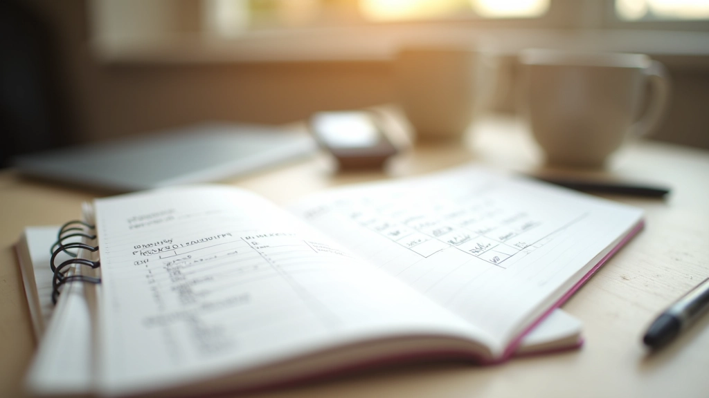 Notitieboekje met handgeschreven prioriteitenmatrix op bureau naast koffie en pen