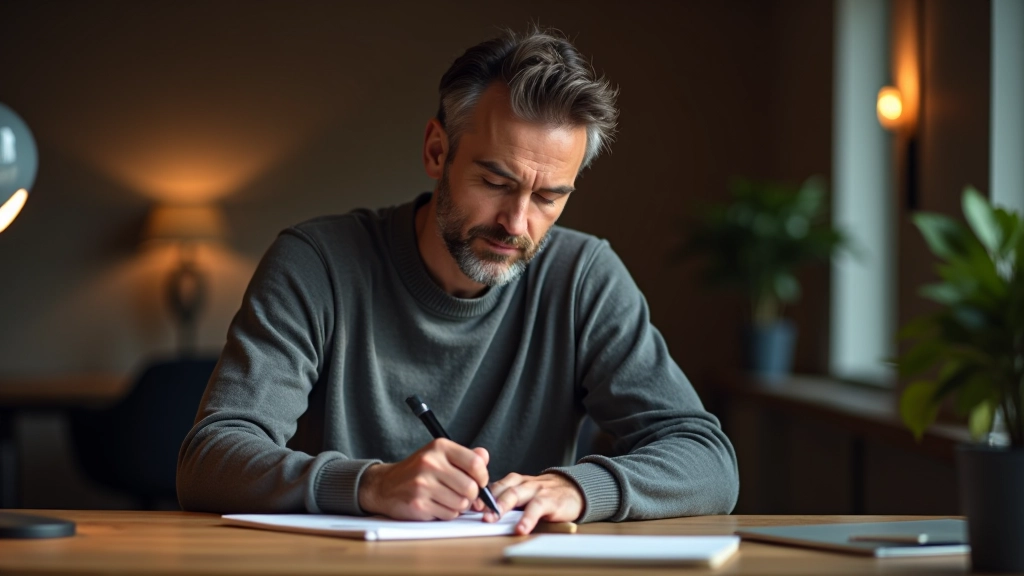 Man schrijft notities in werkboek bij houten tafel in kantoor