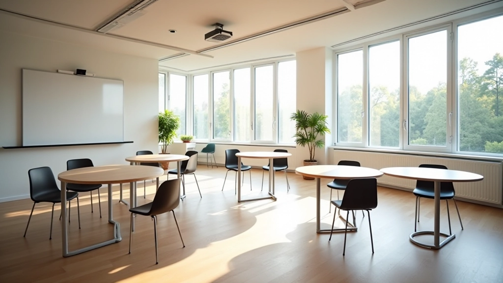 Moderne trainingsruimte in Leiden met ronde tafels en heldere verlichting