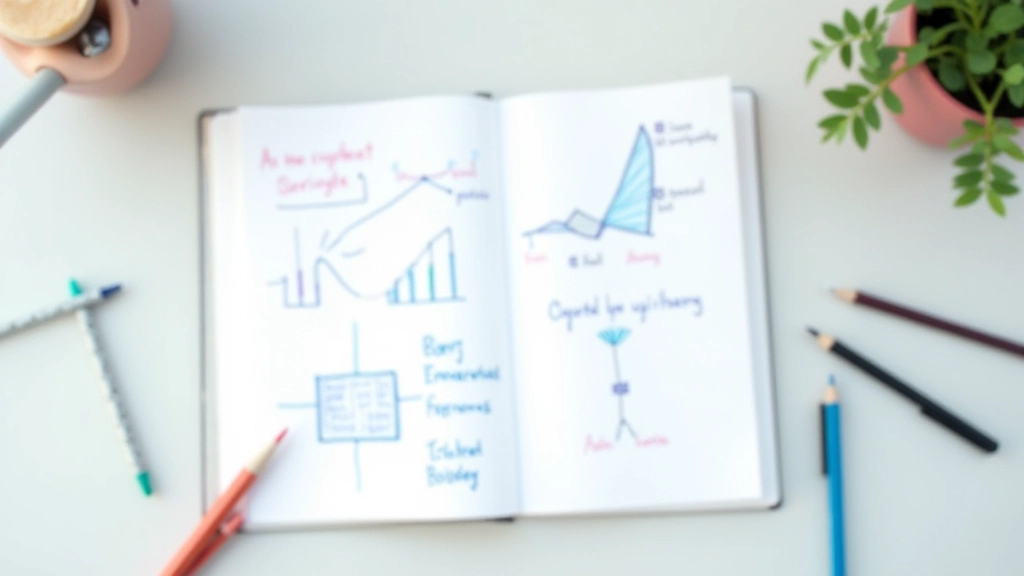 Notitieboek met getekende diagrammen, kleurpotloden en pen op neutral bureauoppervlak