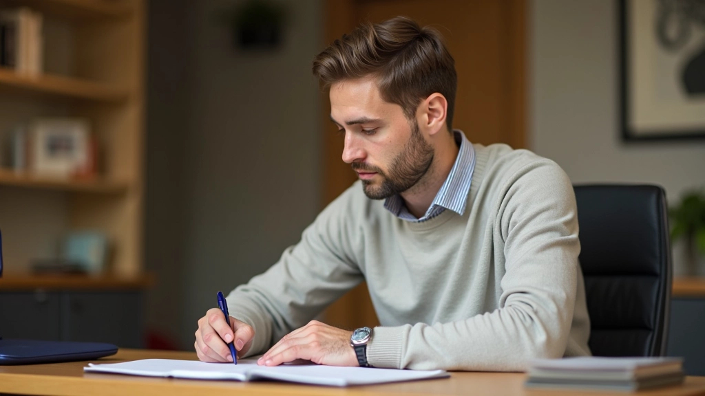Persoon schrijft op papier notities, laptop op achtergrond, warm kantoorlicht