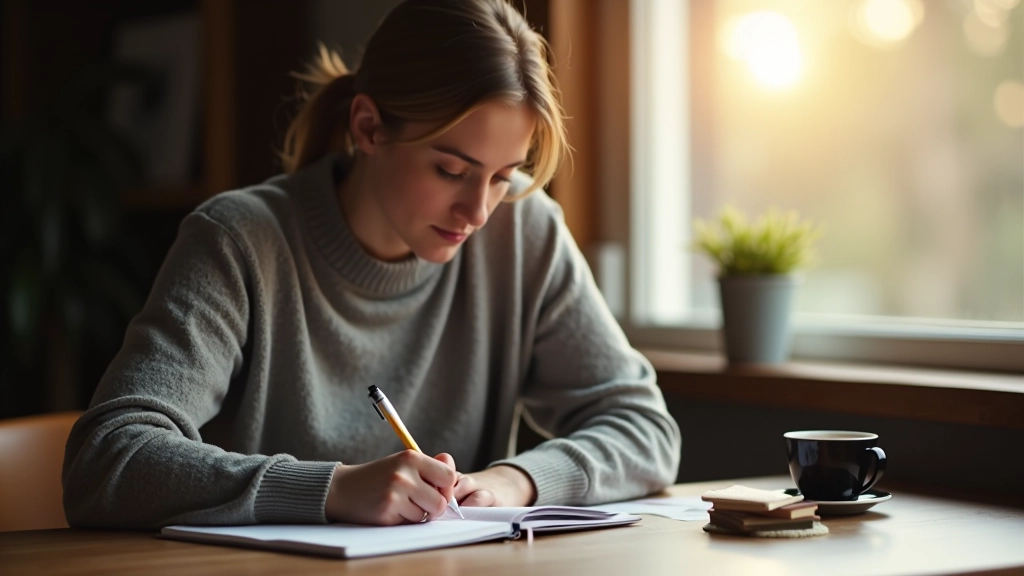 Persoon schrijft op notitiepapier met kopje koffie op bureau, reflectief moment van zelfbeschouwing