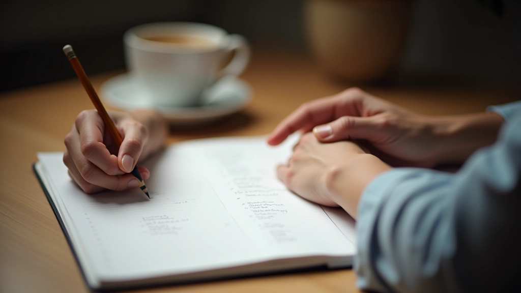 Hand schrijft lijstje op papier met potlood, aantekeningen over persoonlijke prioriteiten en waarden, bureau met kopje thee