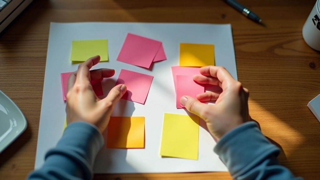 Iemand schrijft taken op kleurrijke sticky notes en arrangeert ze op een matrix schema