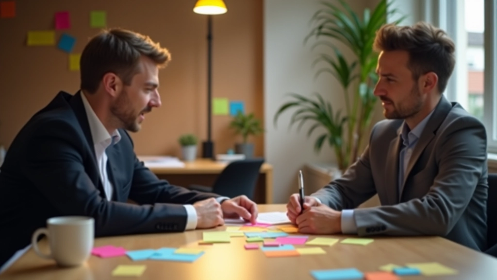 Twee mensen zitten tegenover elkaar aan tafel met gekleurde sticky notes en discussiëren