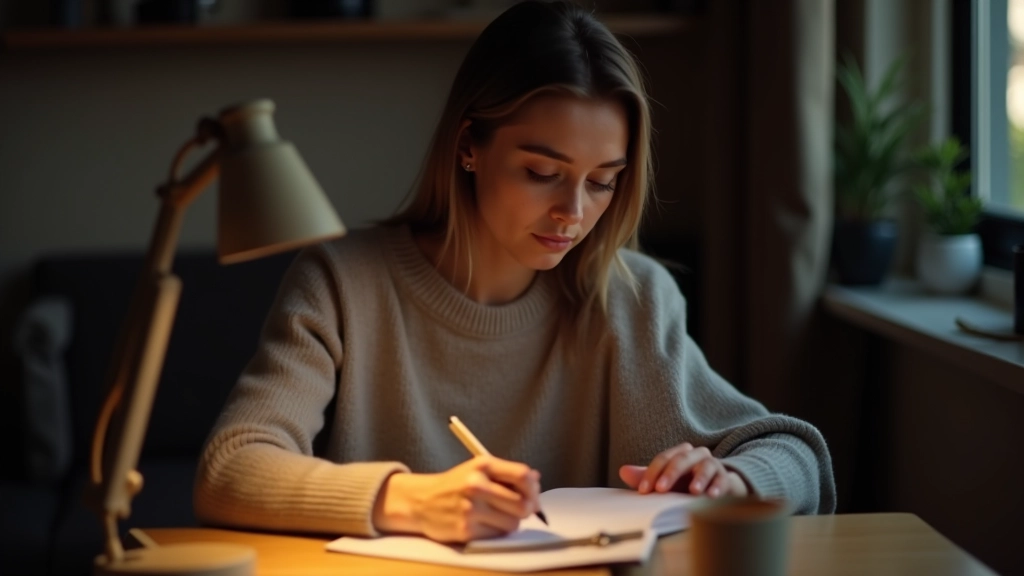 Persoon schrijft in notitieboekje aan houten bureau, concentratie, warm licht
