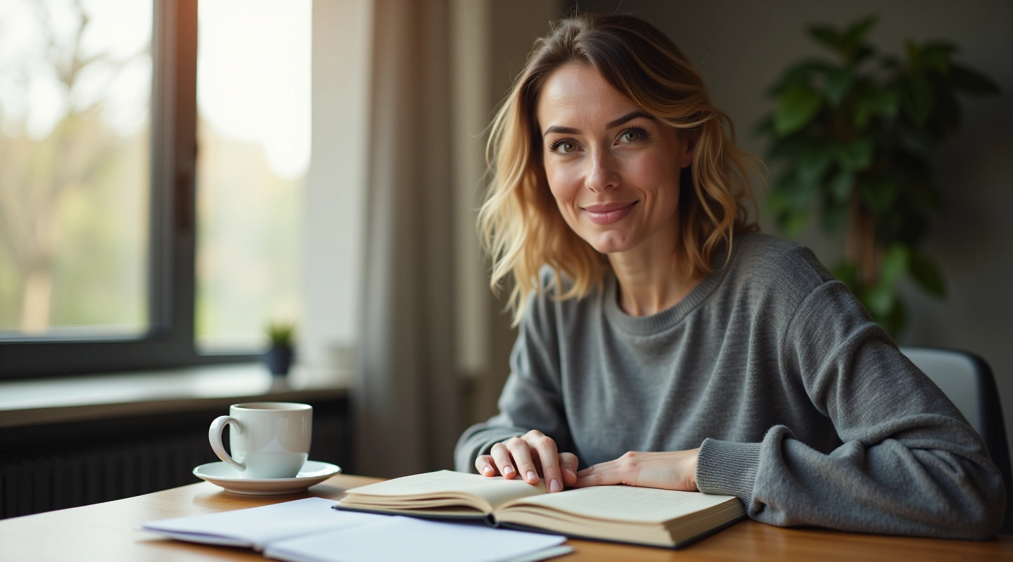 Vrouw werkt aan prioriteiten op houten tafel met notitieboek en koffie