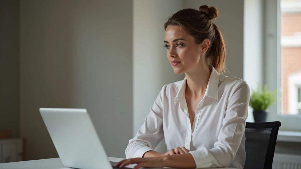 Vrouw in videoconferentie aan laptop, zelfverzekerde houding, professionele omgeving