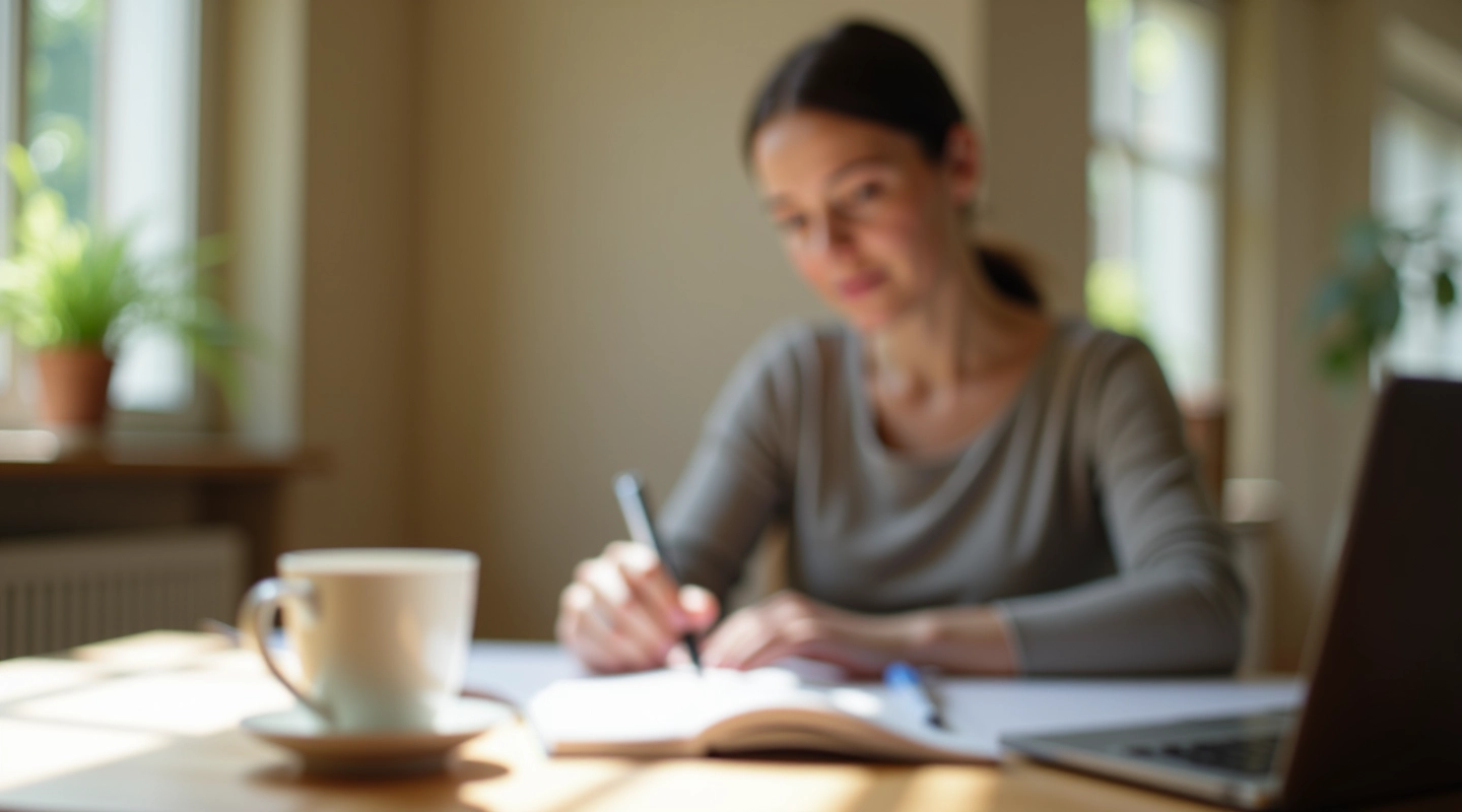 Vrouw zit aan houten tafel met notitieboek, koffiekup en laptop in ochtendlicht